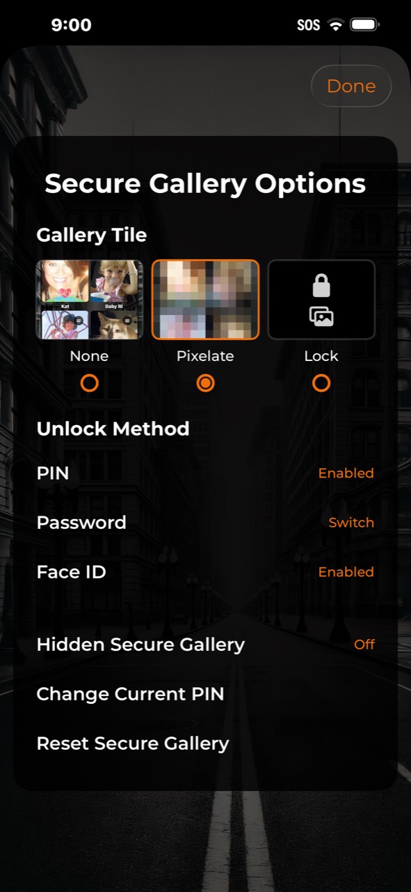 Secure Gallery options with PIN, password, Face ID, and hidden gallery controls